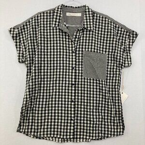 New Statement Large Black White Gingham Plaid Soft Comfy Short‎ Sleeve Button Up